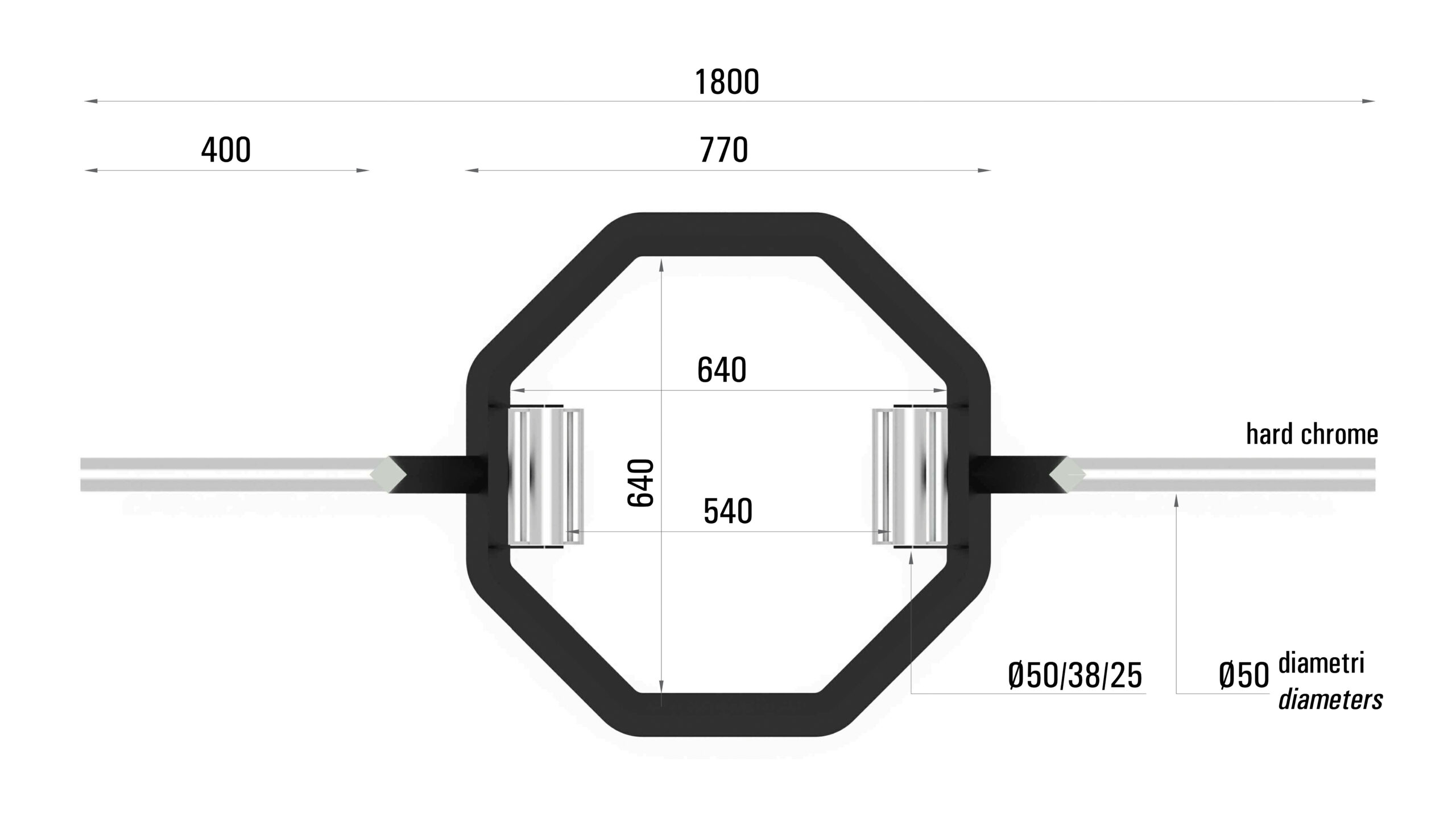 OSB PRO schema scaled 3 Bilanciere Olimpico Esagonale con Tripla Impugnatura - immagine 3